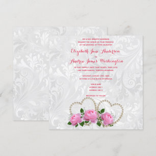 Pearl Hearts & Rose Damask Wedding Einladung