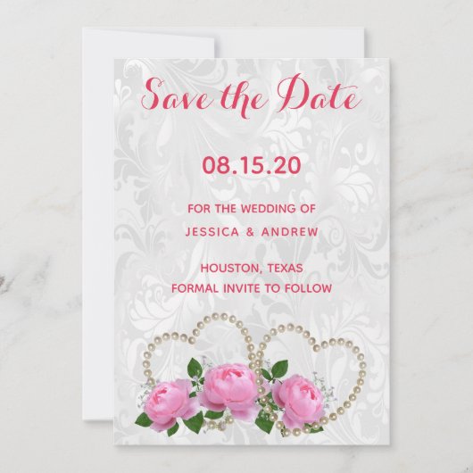 Pearl Hearts & Rose Damask Wedding Save the Date (Vorderseite)