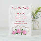 Pearl Hearts & Rose Damask Wedding Save the Date (Stehend Vorderseite)