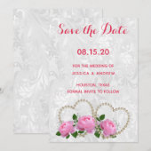Pearl Hearts & Rose Damask Wedding Save the Date (Vorne/Hinten)