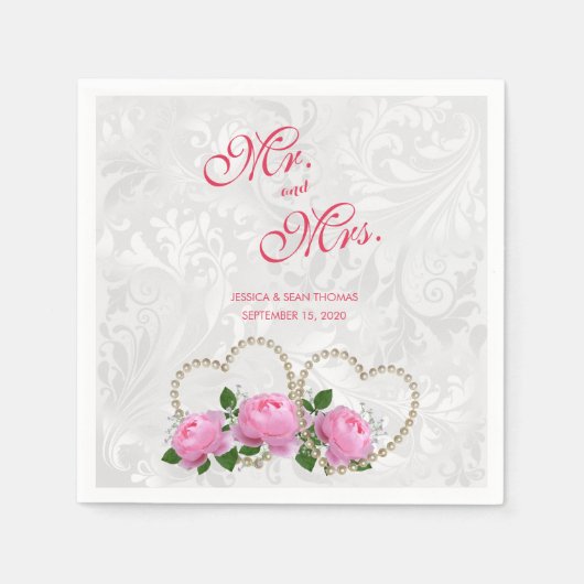 Pearl Hearts & Rose Damask Wedding Serviette (Vorderseite)