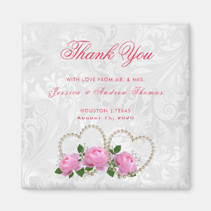 Pearl Hearts & Rose Damask Wedding Vielen Dank Magnet