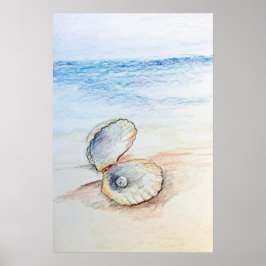 Pearl In Clam Shell Ocean Beach Waves  Poster