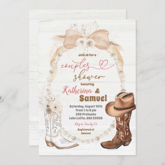 Pearl Ivory Beige Cowboy Boots Couples Dusche Einladung (Vorne/Hinten)