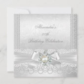 Pearl Lace Damask Diamond Silver White Bow Party Einladung (Vorderseite)