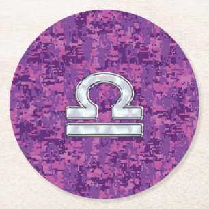 Pearl Libra Zodiac Sign on Fuchsia Digital Camoufl Runder Pappuntersetzer