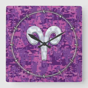 Pearl Like Aries Symbol auf Pink Digital Camouflag Quadratische Wanduhr