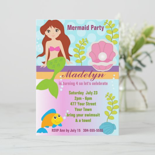 Pearl Mermaid Pool Party Einladung (Stehend Vorderseite)