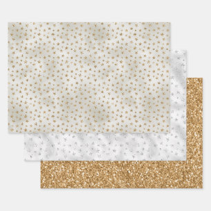 Pearl White Gold Glitzer Sparkle Stars Geschenkpapier Set
