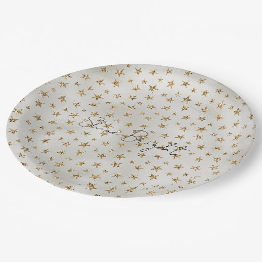 Pearl White Gold Glitzer Sparkle Stars Pappteller (Schrägansicht)