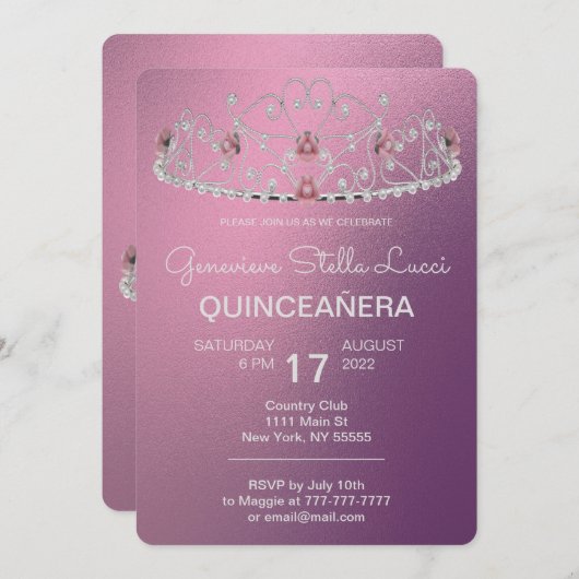 Pearled Tiara Quinceñera Party Einladung (Vorne/Hinten)