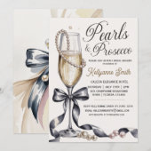 Pearls and Prosecco Black Bow Bridal Shower  Einladung (Vorne/Hinten)