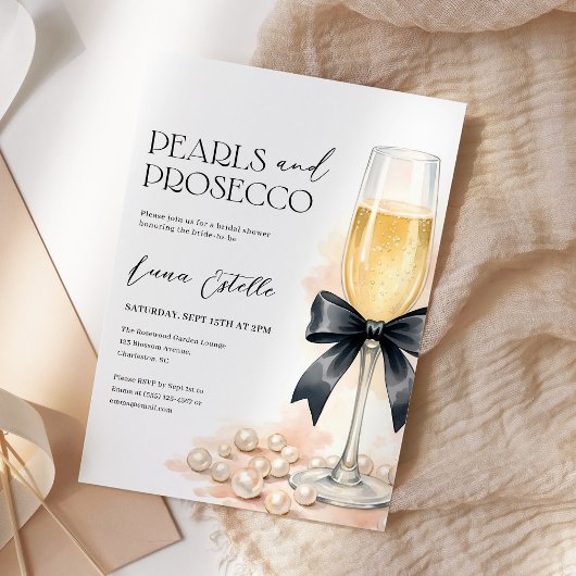 Pearls and Prosecco Black Bow Bridal Shower Einladung