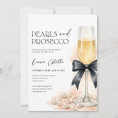 Pearls and Prosecco Black Bow Bridal Shower Einladung (Vorderseite)