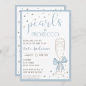 Pearls and Prosecco Blue Bow Bridal Shower Einladung (Vorne/Hinten)