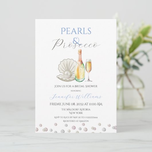 Pearls and Prosecco Blue Theme Brautparty Einladung (Stehend Vorderseite)