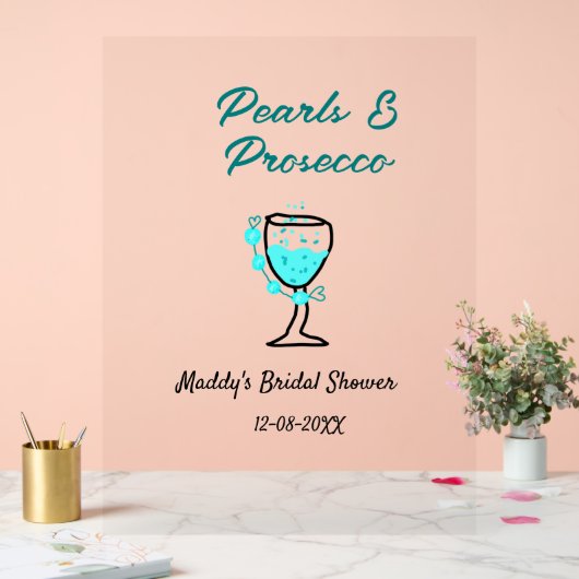 Pearls and prosecco bridal shower blue black name acrylschild (Hochzeit)