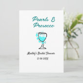 Pearls and prosecco bridal shower blue black name  einladung (Stehend Vorderseite)