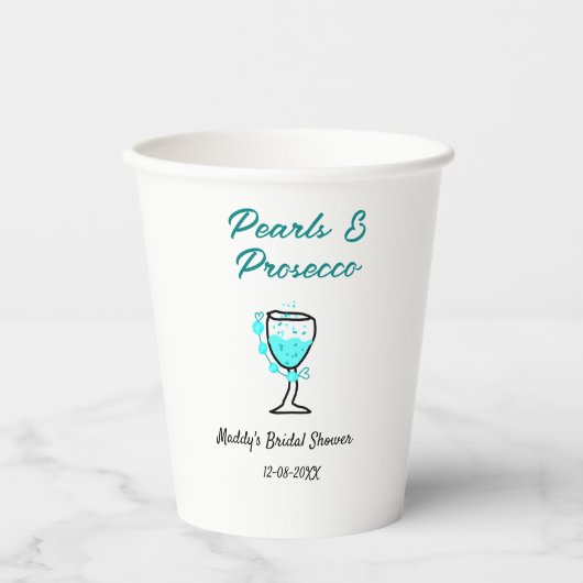 Pearls and prosecco bridal shower blue black name pappbecher (Vorderseite)