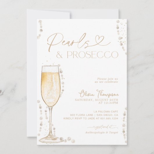 Pearls and Prosecco Bridal Shower, Bubbly Invite Einladung (Vorderseite)