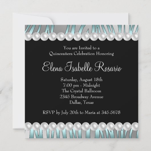 Pearls Aquamarin Blue Zebra Quinceanera Einladunge Einladung (Rückseite)