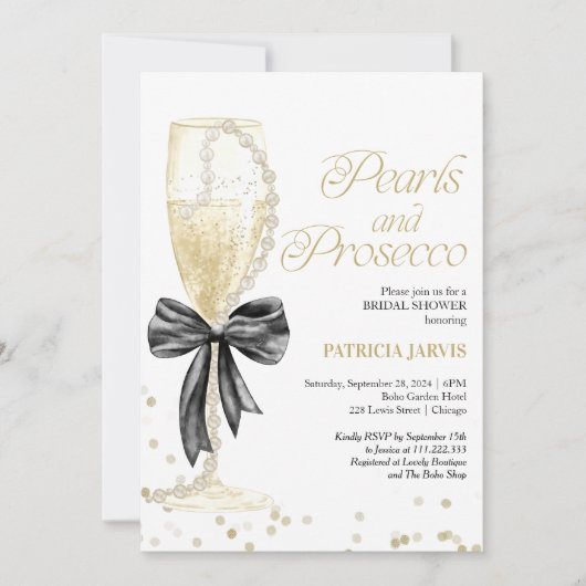 Pearls Black Bow und Prosecco Brautparty Einladung (Vorderseite)