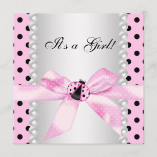 Pearls Black Pink Ladybug Baby Girl Dusche Einladung