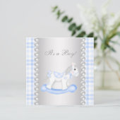 Pearls Blue Gingham Rocking Horse Baby Boy Dusche Einladung (Stehend Vorderseite)