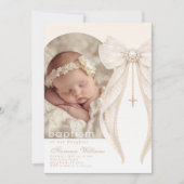 Pearls Bow Ivory elegant Arch Photo Baptism Einladung (Vorderseite)
