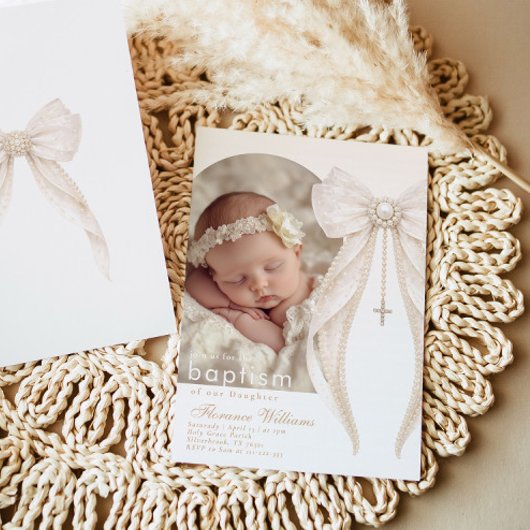 Pearls Bow Ivory elegant Arch Photo Baptism Einladung