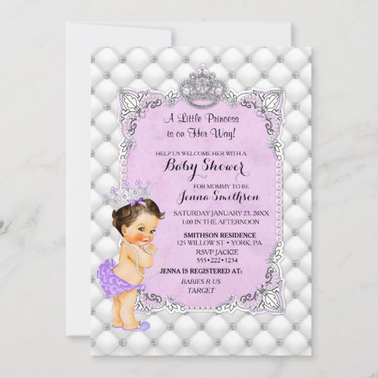 Pearls Diamonds Brünett Princess Baby Lavender Einladung (Vorderseite)