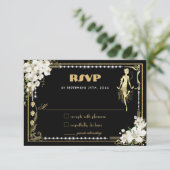 Pearls Floral Art Deco Gatsby Roaring 20 RSVP Karte (Stehend Vorderseite)
