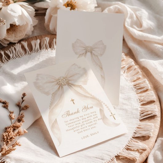 Pearls Gold Bow Girl Baptism Religious Dankeskarte