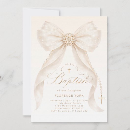 Pearls Gold Bow Girl Baptism Religious Einladung (Vorderseite)