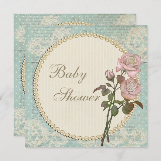 Pearls & Lace Shabby Chic Rose Babydusche Einladung (Vorne/Hinten)