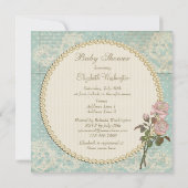 Pearls & Lace Shabby Chic Rose Babydusche Einladung (Rückseite)