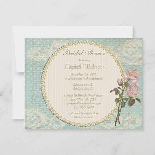 Pearls & Lace Shabby Chic Rose Brautparty Einladung (Rückseite)