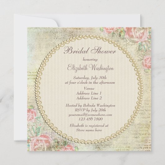 Pearls & Lace Shabby Chic Rose Brautparty Einladung (Rückseite)