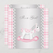 Pearls Pink Gingham Rocking Horse Baby Girl Dusche Einladung (Vorne/Hinten)