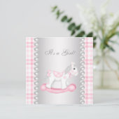 Pearls Pink Gingham Rocking Horse Baby Girl Dusche Einladung (Stehend Vorderseite)