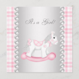 Pearls Pink Gingham Rocking Horse Baby Girl Dusche Einladung