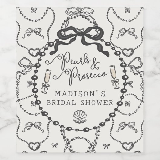 Pearls & Prosecco Black Bow Brautparty Bevorzugung Weinetikett (Einzelnes Label)