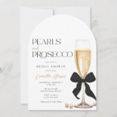 Pearls & Prosecco Black Bow Brautparty Einladung (Vorderseite)