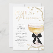 Pearls & Prosecco Black Bow Brautparty Einladung (Vorderseite)