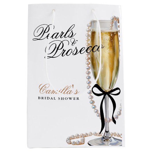 Pearls & Prosecco Black Bow Brautparty Mittlere Geschenktüte (Vorderseite)