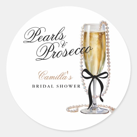 Pearls & Prosecco Black Bow Brautparty Runder Aufkleber (Vorderseite)