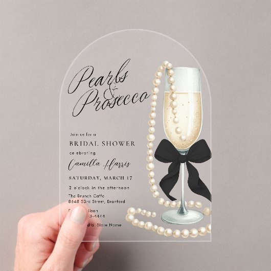 Pearls & Prosecco Black Bow Bridal Shower Acryleinladungen (Insitu (Handheld))