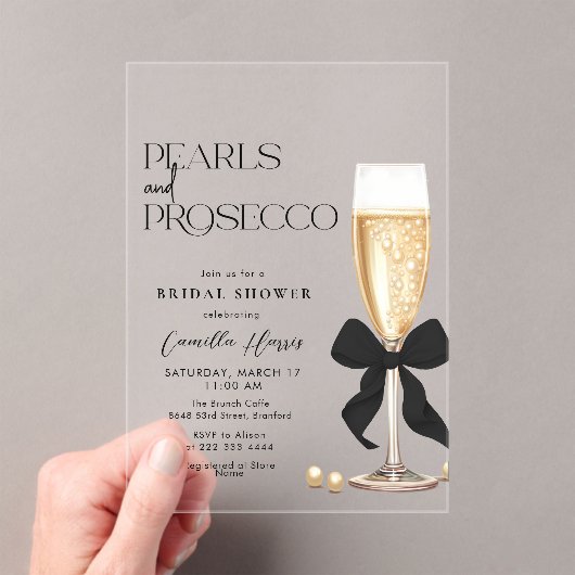Pearls & Prosecco Black Bow Bridal Shower Acryleinladungen (Insitu (Handheld))