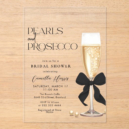 Pearls & Prosecco Black Bow Bridal Shower Acryleinladungen (Vorderseite)