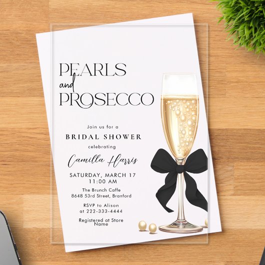 Pearls & Prosecco Black Bow Bridal Shower Acryleinladungen